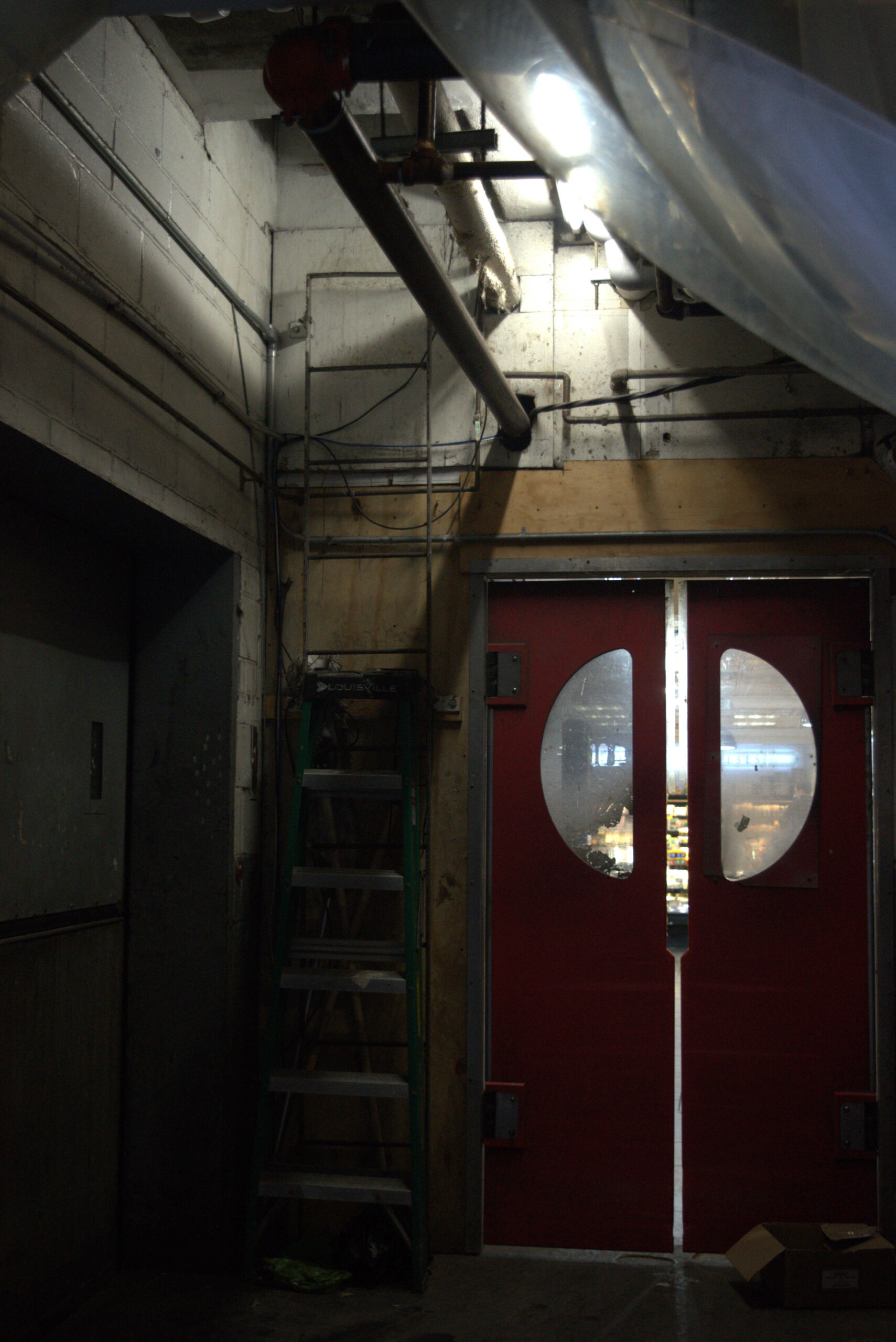Two red swinging doors with half circle cutouts reveal the inside of a grocery store vegetable department. A green ladder rests on their left side. A large set of metal  elevator doors, closed shut like a mouth, look on. 